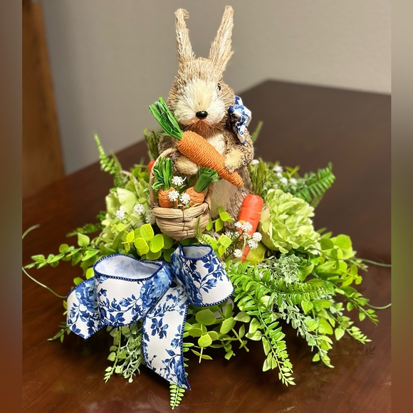 SOLD Sisal Bunny Easter Centerpiece Blue and White Ribbon and Orange Carrots - Picture 1 of 3